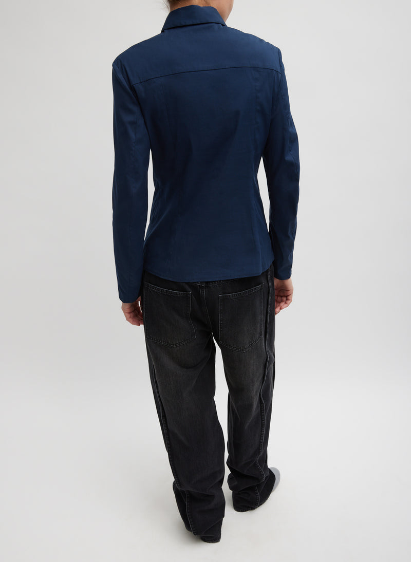 Stretch Cotton Nylon Circular Sleeve Shirt Navy Blue-5