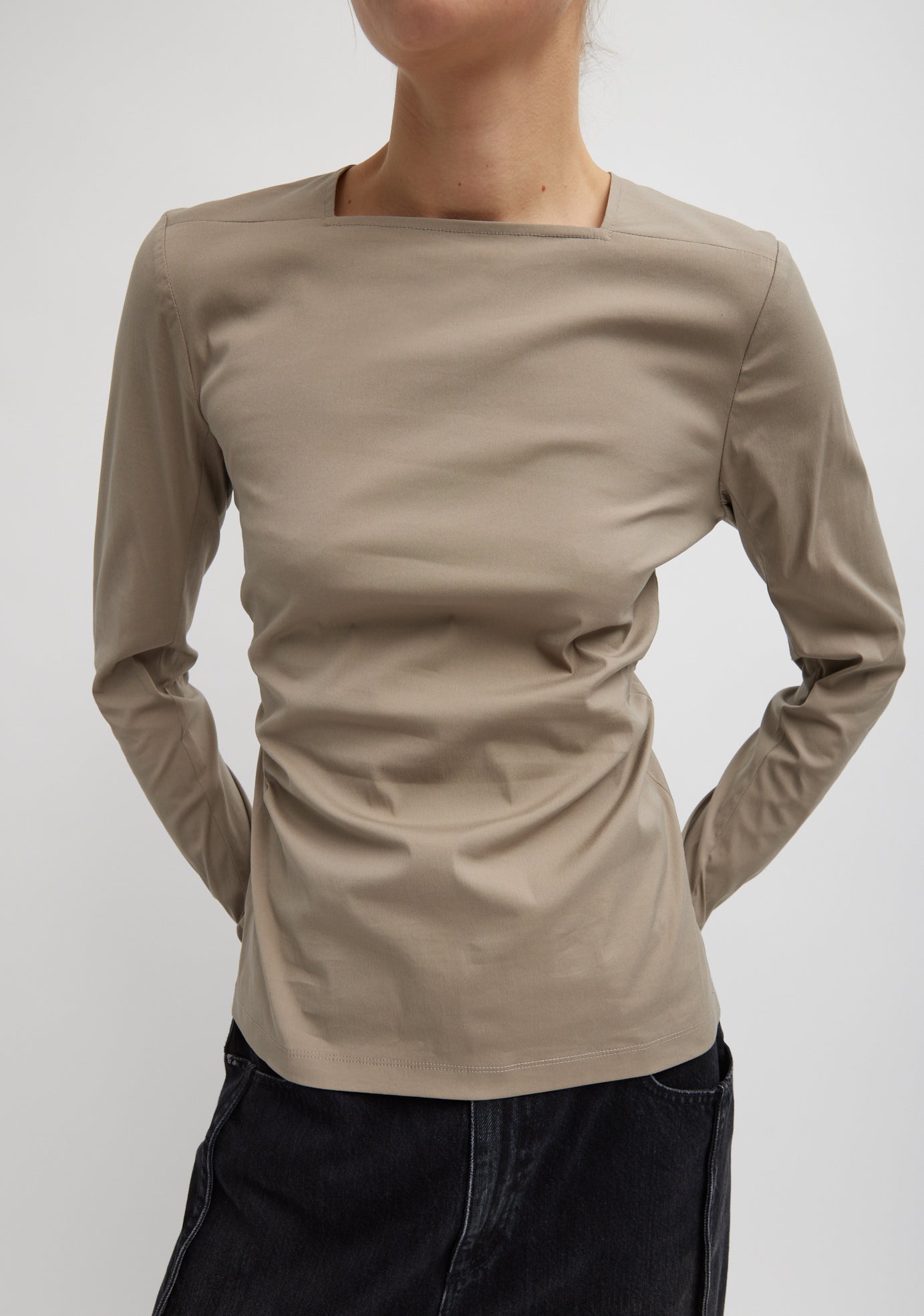 Stretch Cotton Nylon Square Neck Slim Circular Sleeve Top - Mink Grey-1