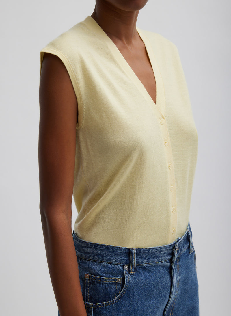 Cashmere Silk Blend Sleeveless Button Down Sweater Lemon Ice-1