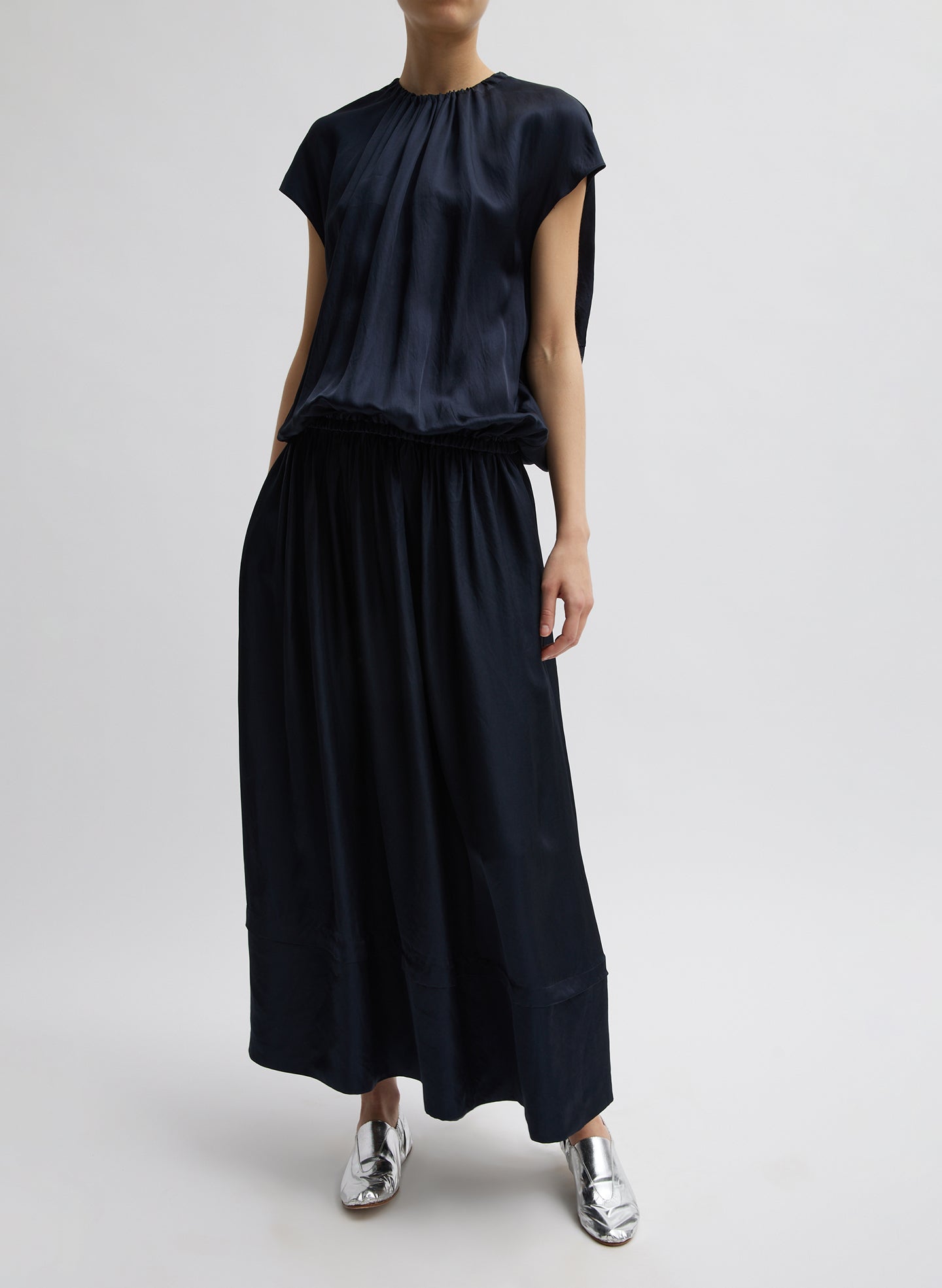 Spring Acetate Shirred Circular Dress - Dark Navy-1