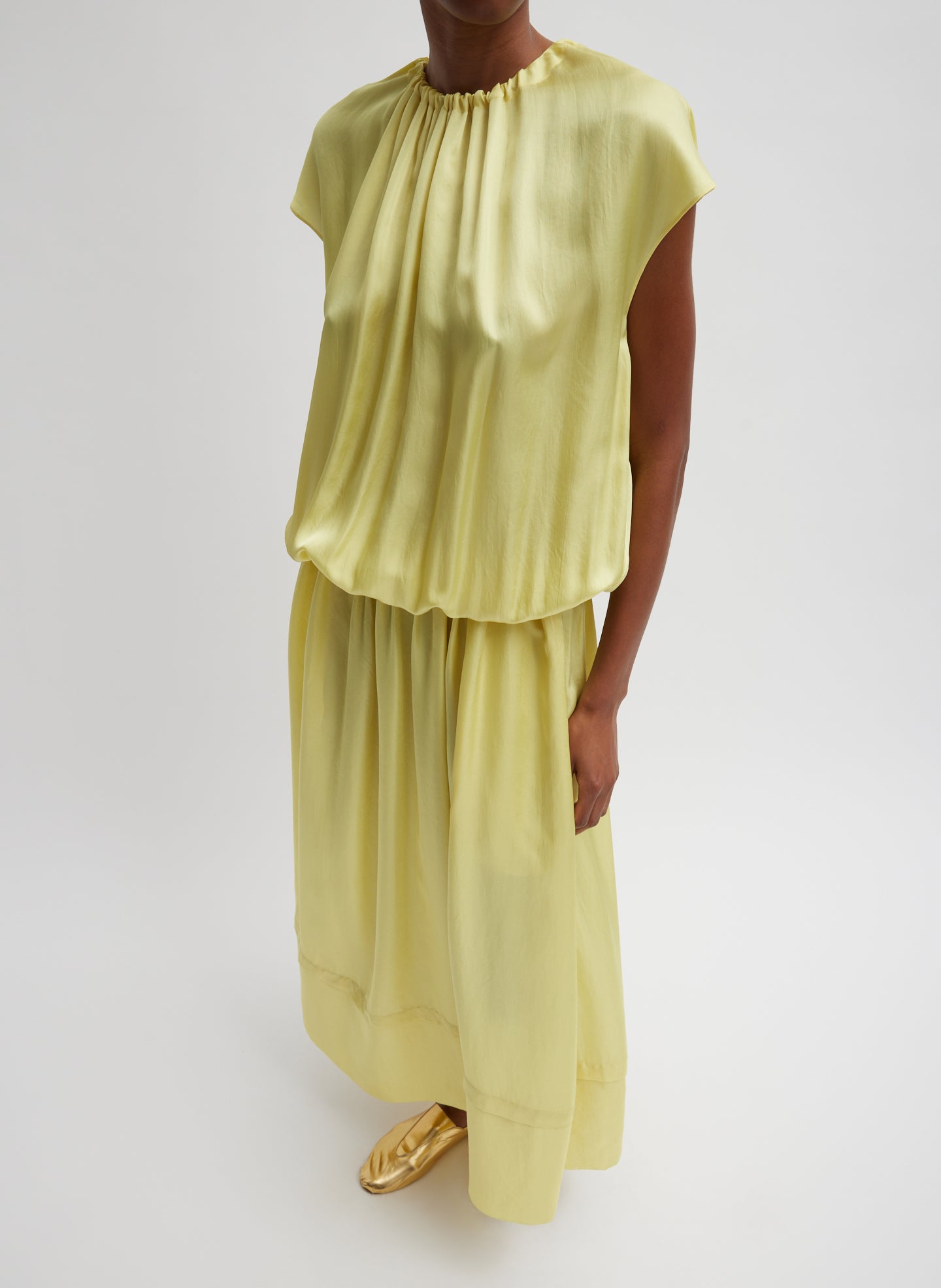 Spring Acetate Shirred Circular Dress - Yellow-1