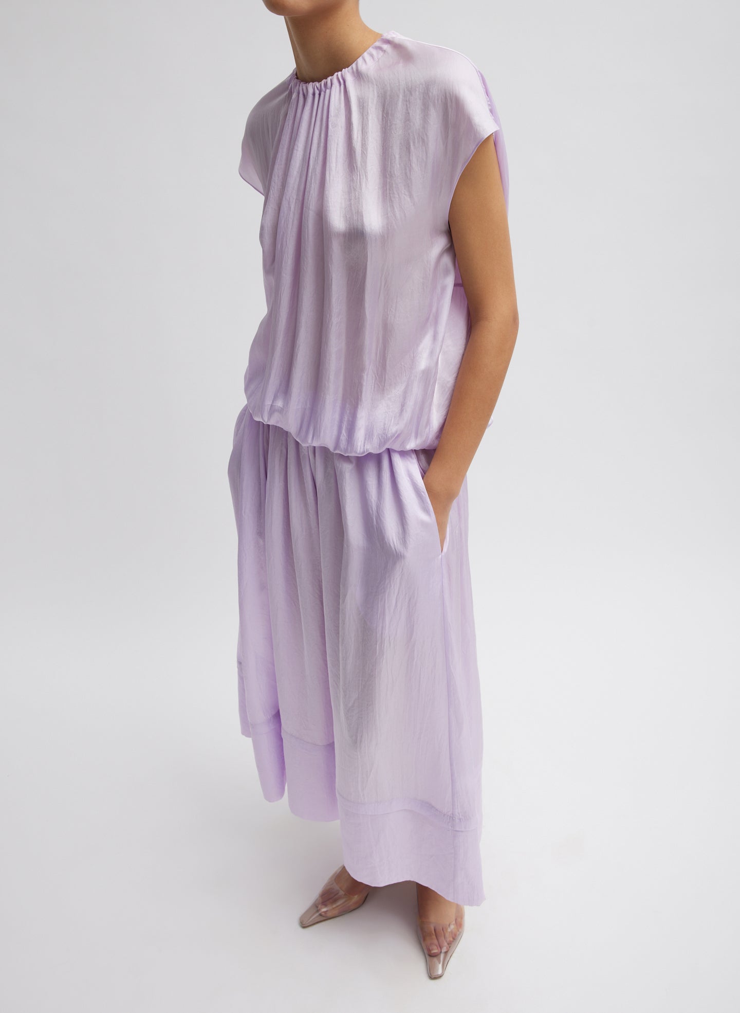 Spring Acetate Shirred Circular Dress - Pale Lavender-1