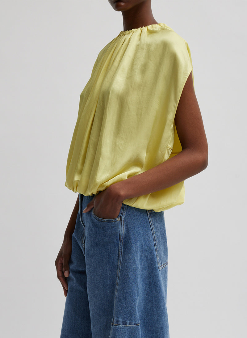 Spring Acetate Shirred Neck Circular Top Yellow-1