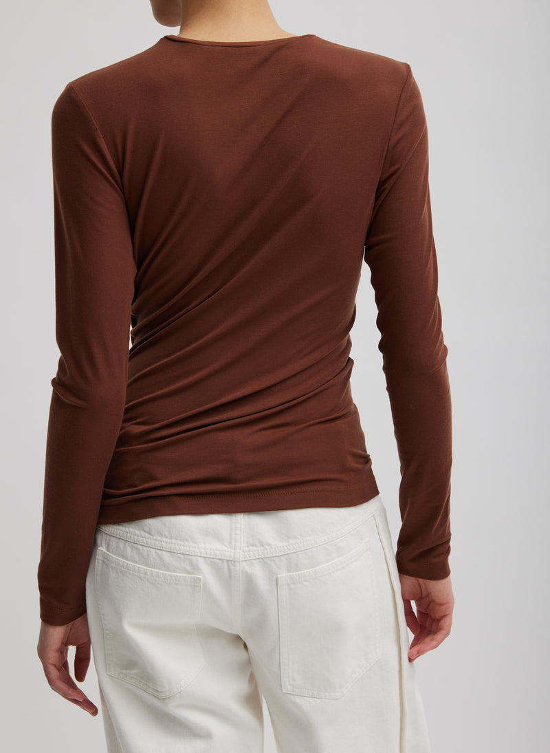 Tencel Knit Twisted Seam Long Sleeve T-Shirt Brown-4