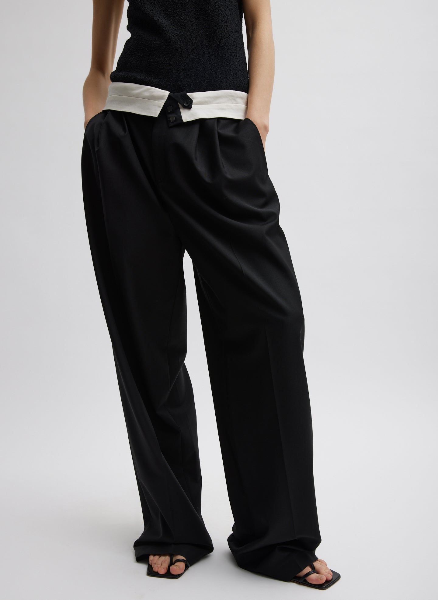 Recycled Tropical Wool Fold Over Pant - Black-1