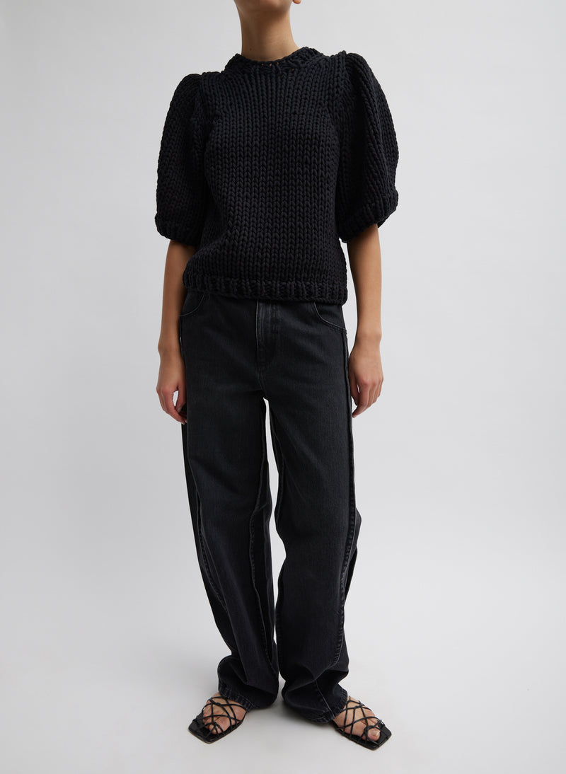 Deluxe Tube Yarn Sweater Mini Puff Pullover Black-4