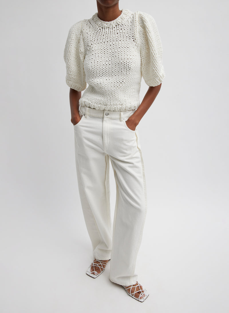 Deluxe Tube Yarn Sweater Mini Puff Pullover White-3