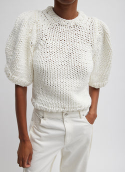 Deluxe Tube Yarn Sweater Mini Puff Pullover White-1