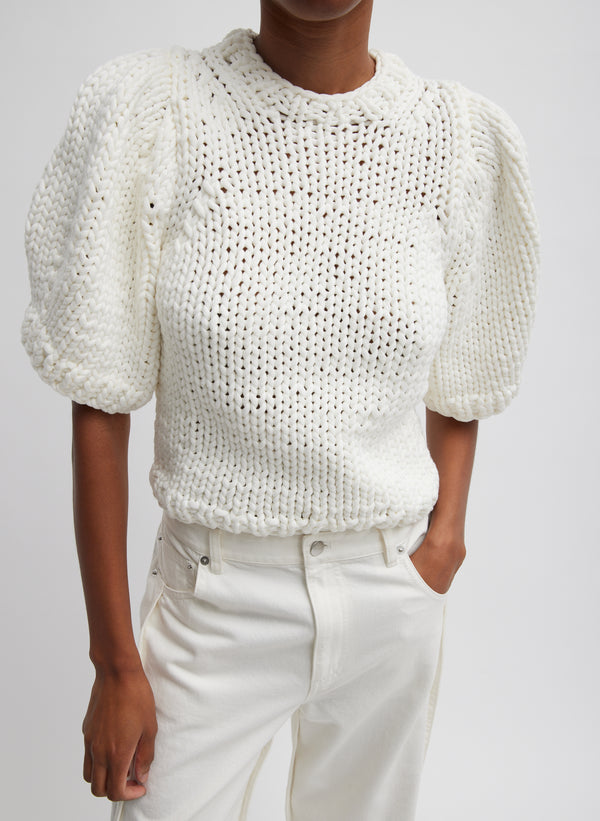 Deluxe Tube Yarn Sweater Mini Puff Pullover - White-1