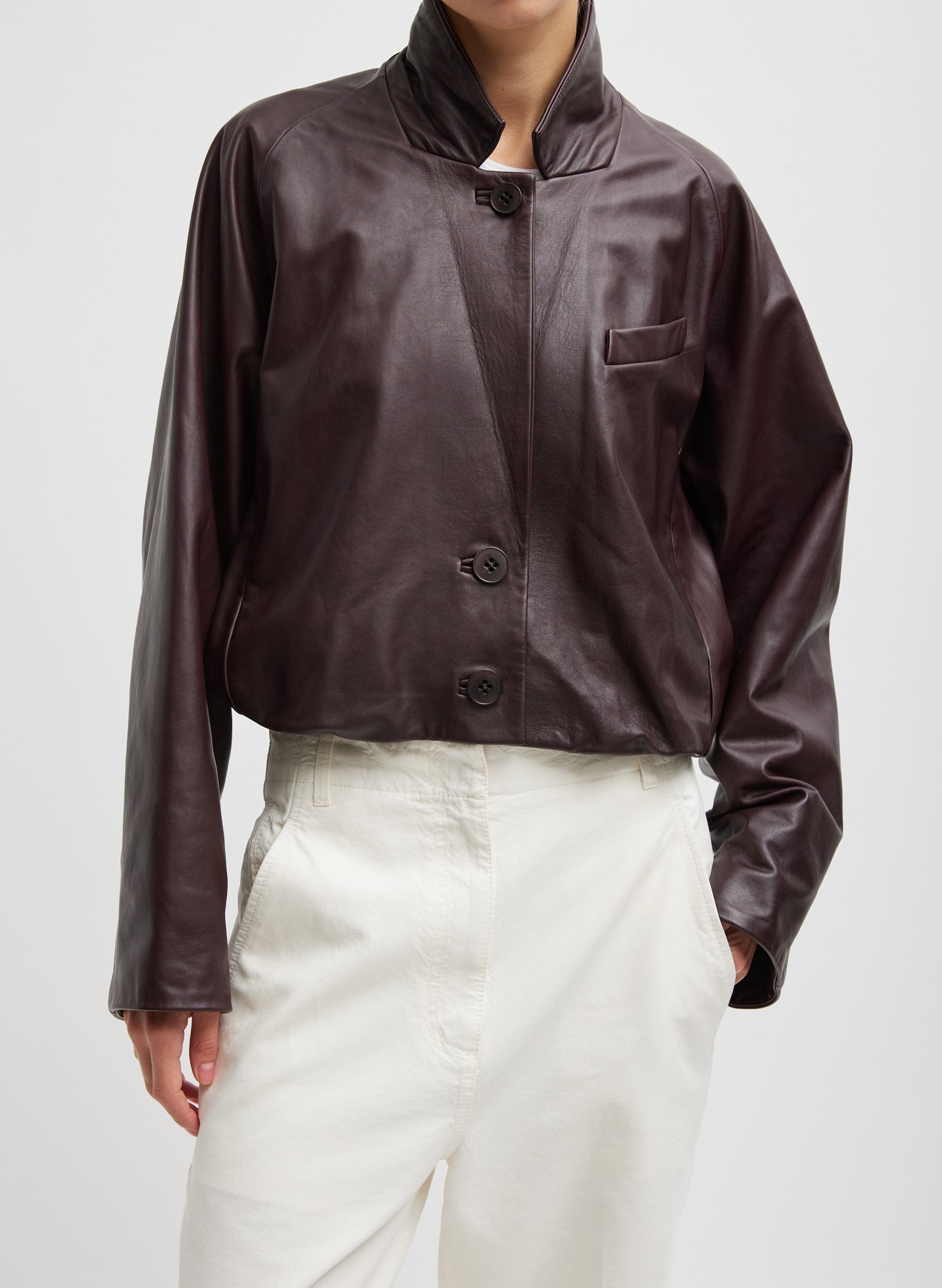 Leather Raglan Sleeve Blazer - Brown-1