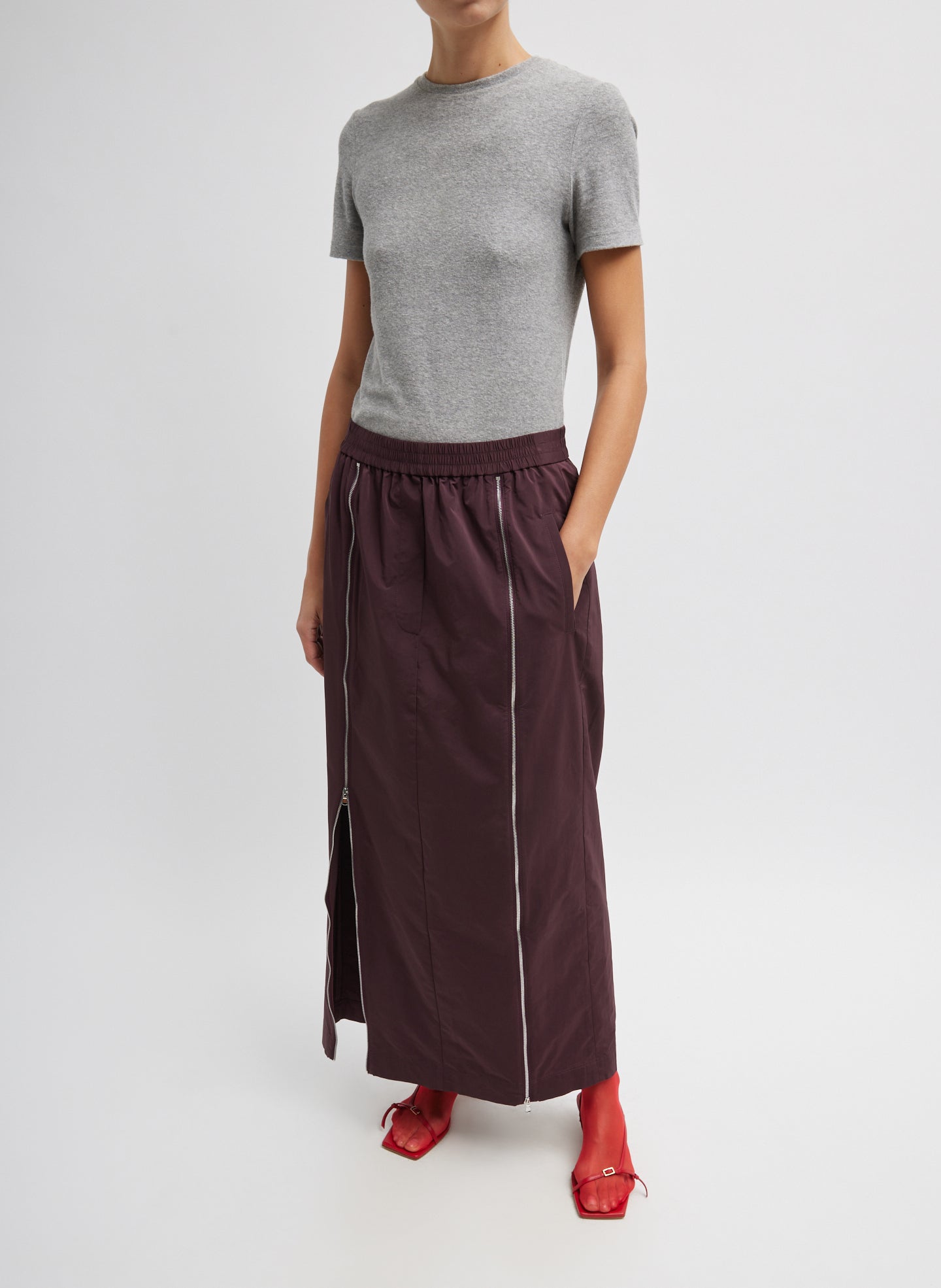 Nylon Zipper Maxi Skirt - Malbec-1