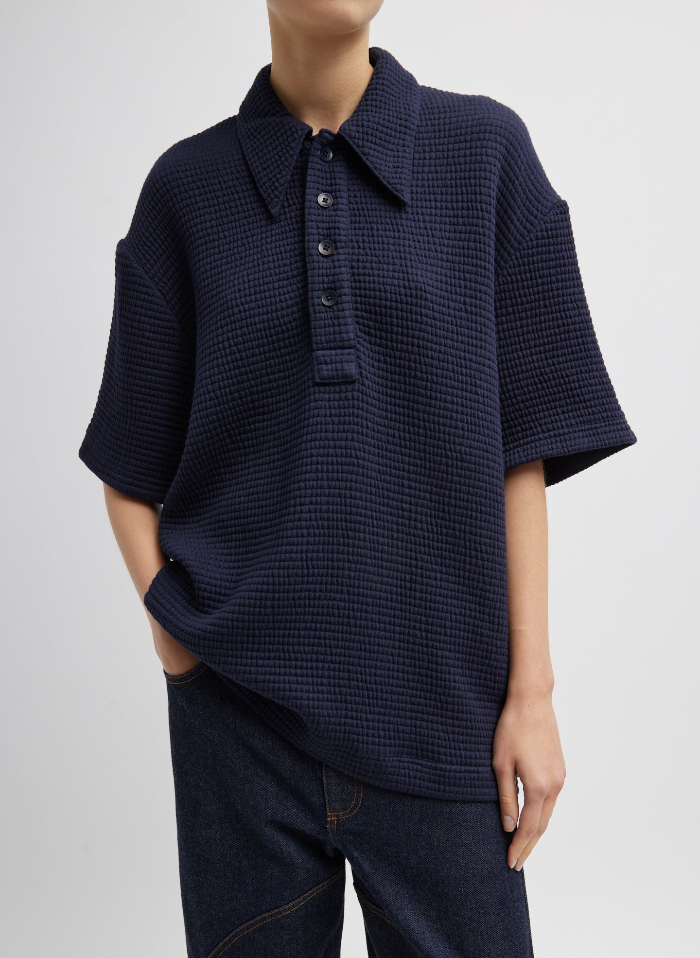 Quilted Waffle Polo Tunic Top - Dark Navy-1