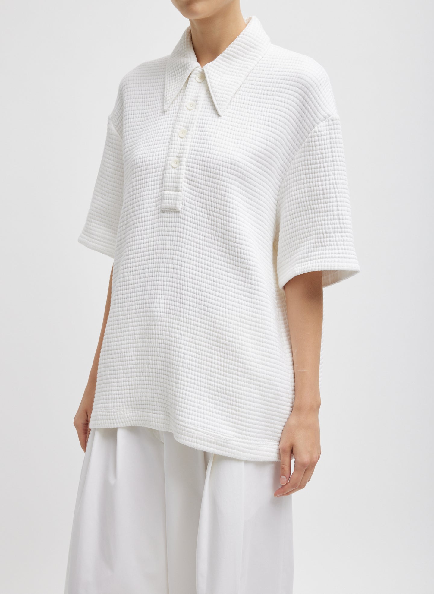 Quilted Waffle Polo Tunic Top - White-1