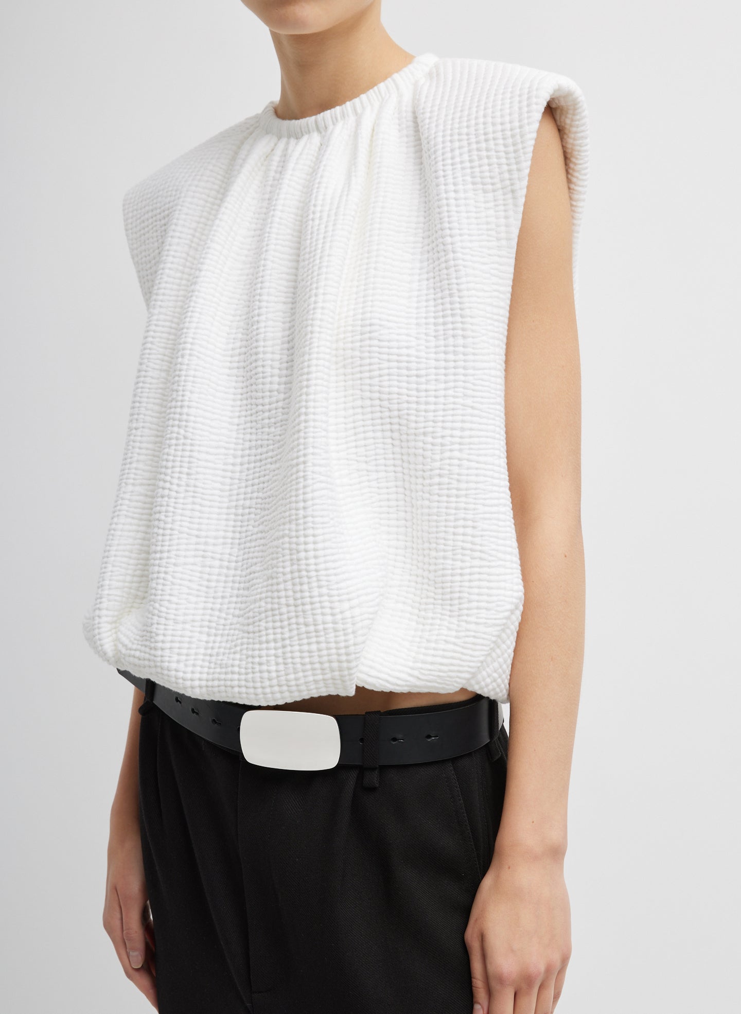 Quilted Waffle Shirred Neck Top - White-1