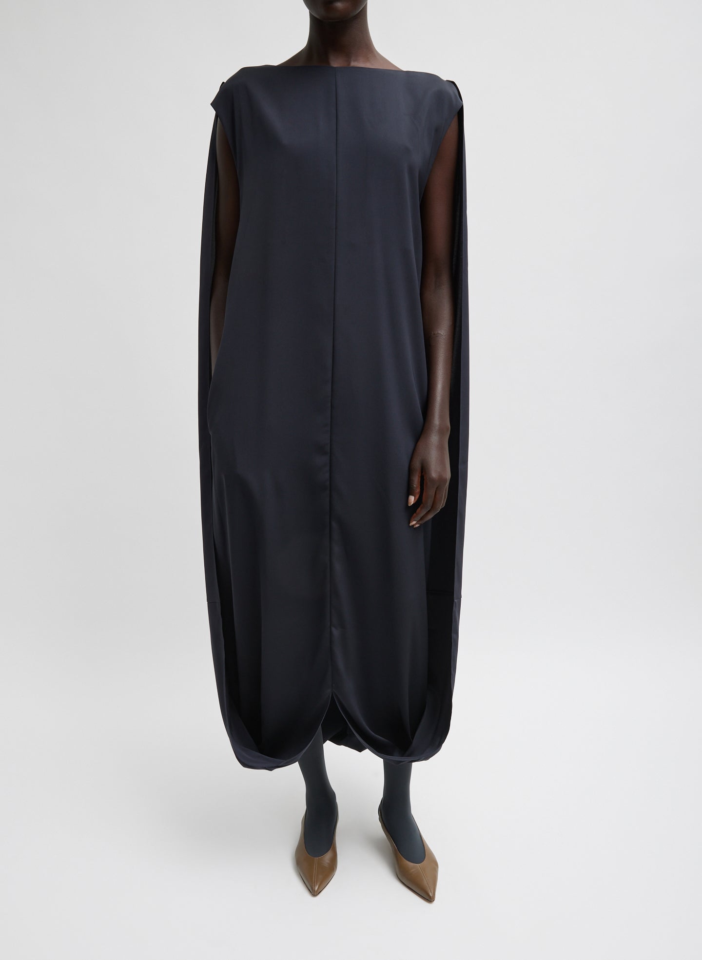 Stretch Silk Nylon Wide Neck Cape Dress - Dark Navy-1