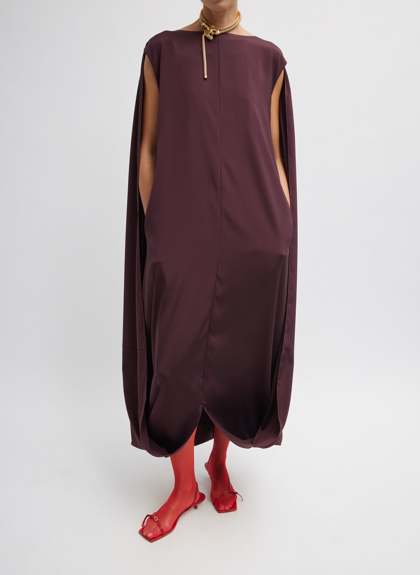 Stretch Silk Nylon Wide Neck Cape Dress - Malbec-1