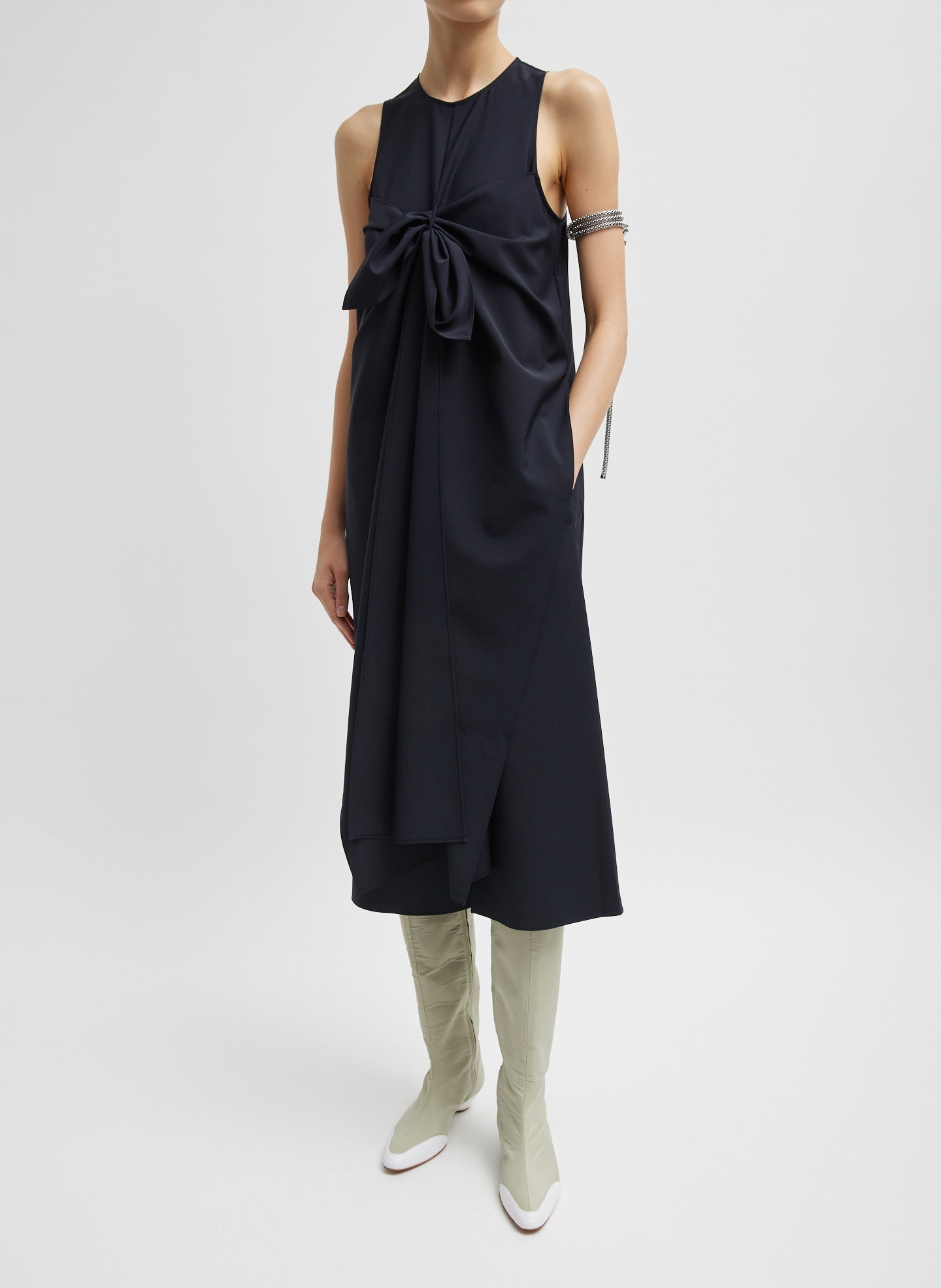 Tropical Wool Tie Front Dress - Navy-1