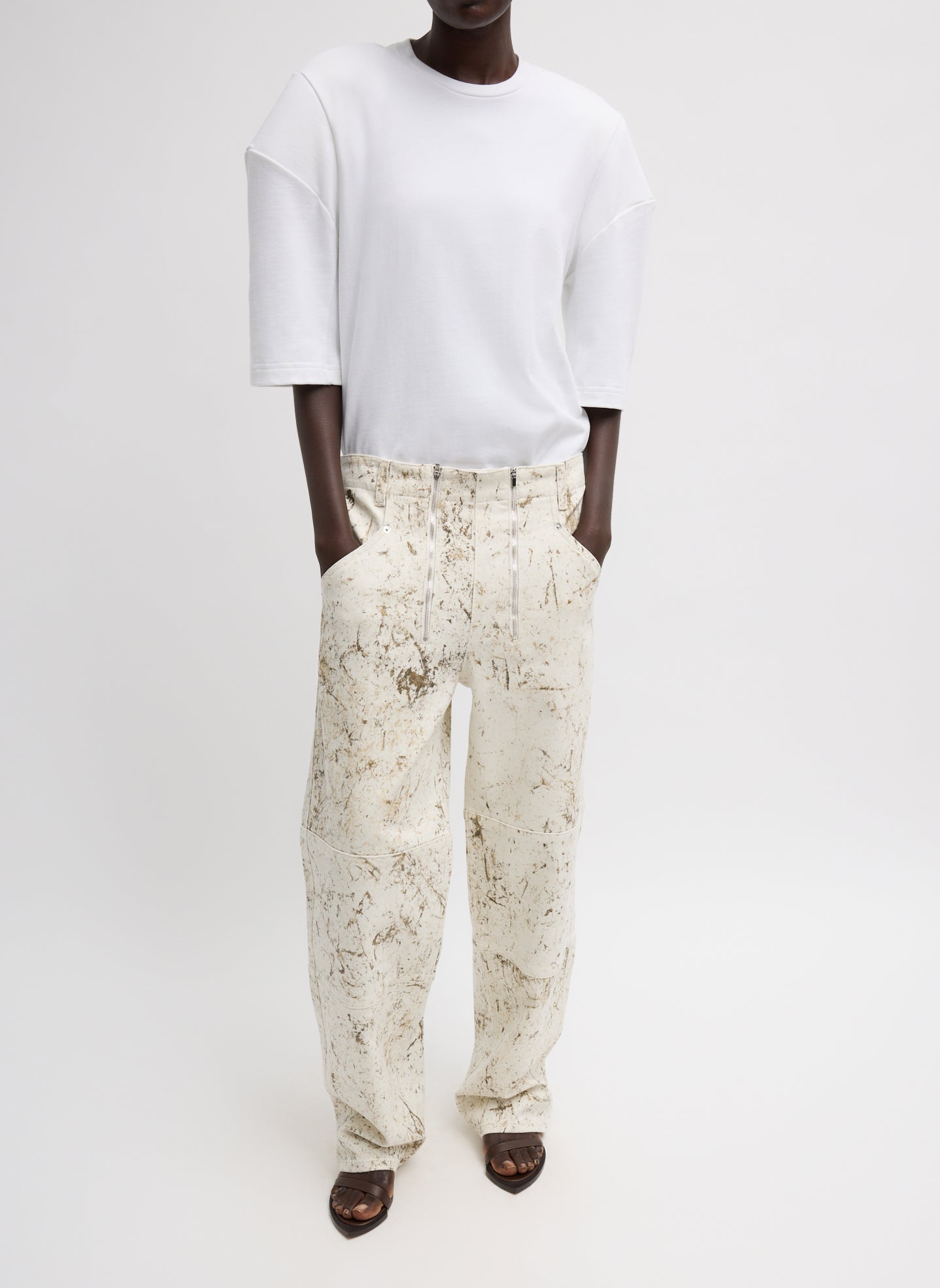 Calcimin Denim Fischer Jean - Ivory Multi Calcimin Denim Fischer Jean - splattered, front view on model