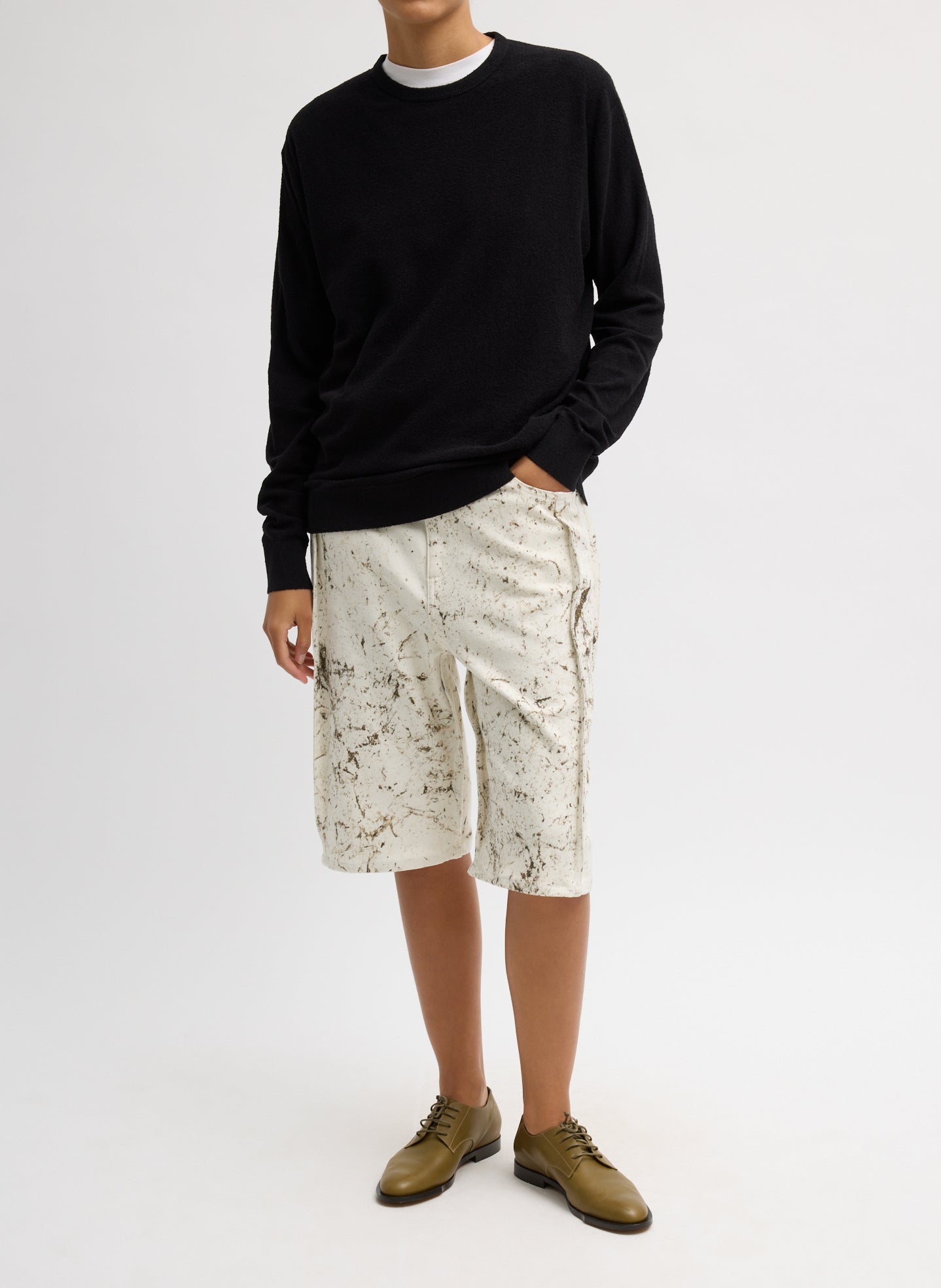 Calcimin Denim Tuck Jean Shorts - Ivory Multi Calcimin Denim Tuck Jean Shorts - front view on model