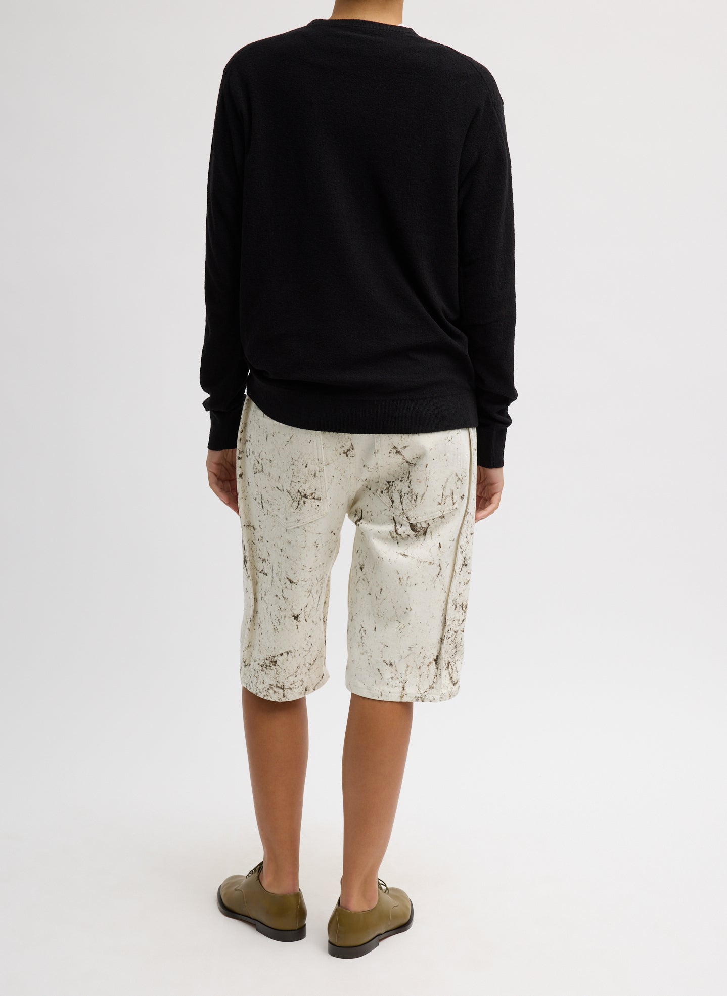 Ivory Multi Calcimin Denim Tuck Jean Shorts - back view on model