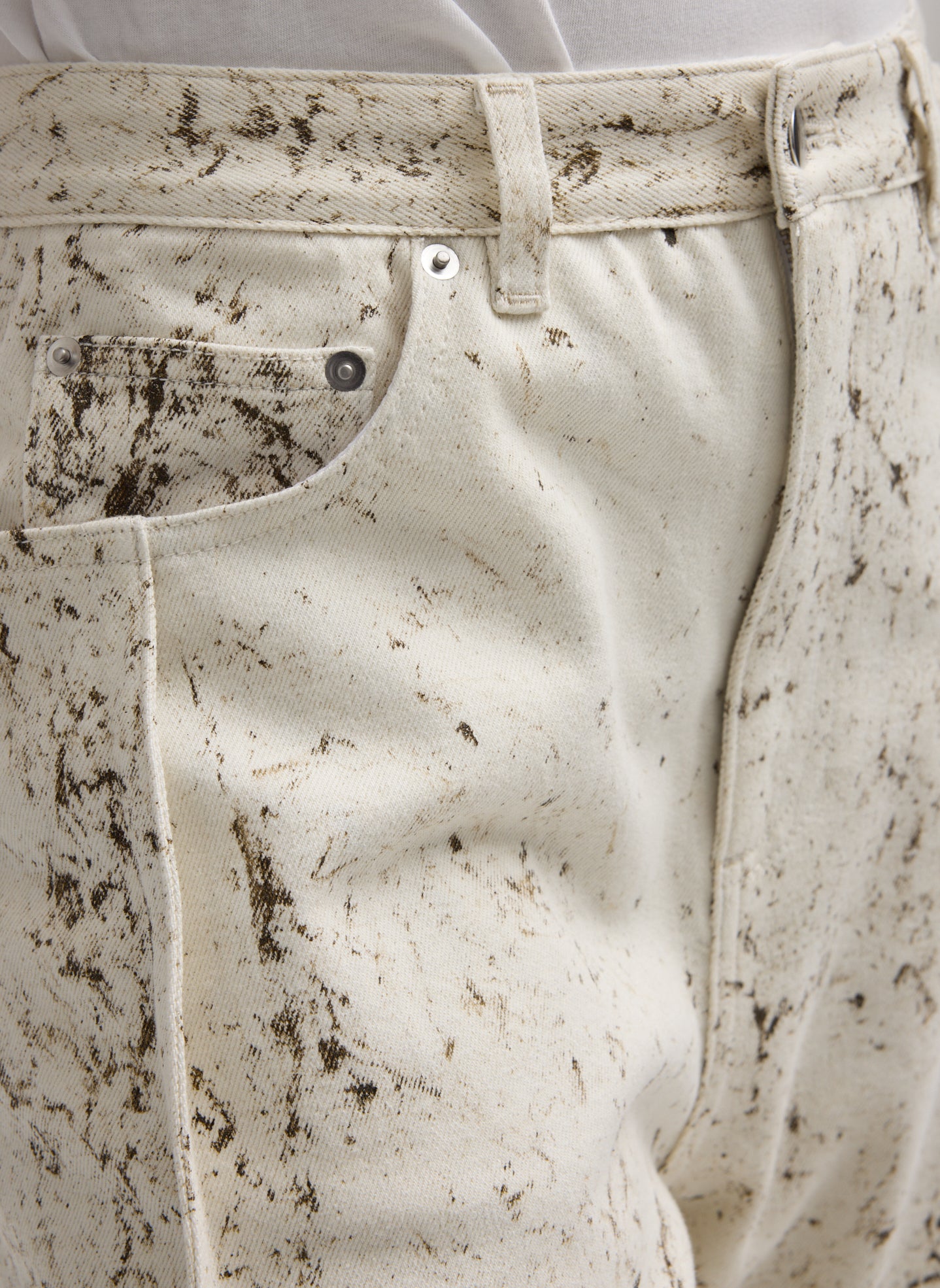 Calcimin Denim Midi Trouser Zip Skirt - closeup of front pocket detail