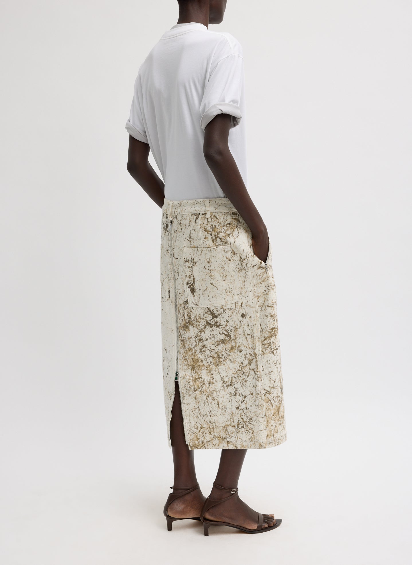 Calcimin Denim Midi Trouser Zip Skirt - side view on model