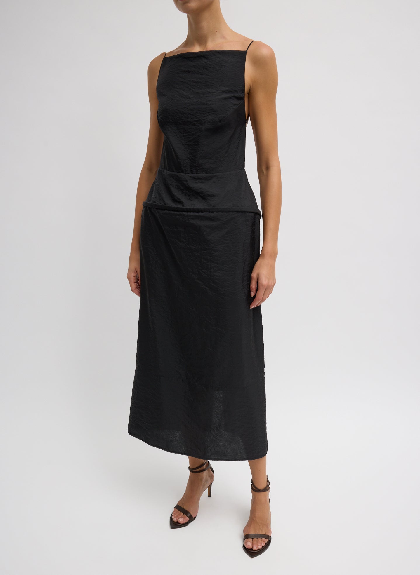 Chassis Hoop Strappy Dress - Black Chassis Hoop Strappy Dress - straight neck sleeveless dress, front view on model