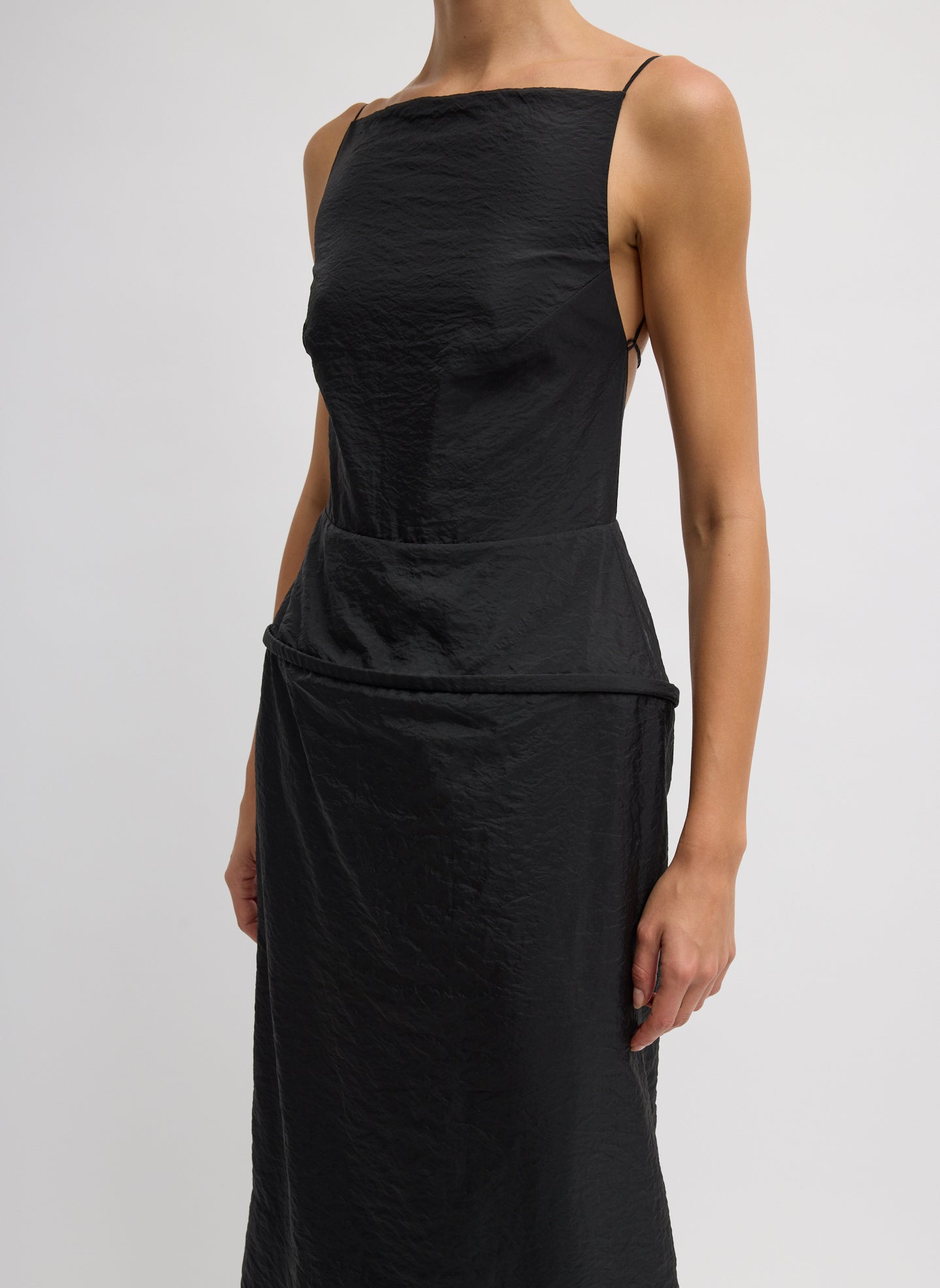 Black Chassis Hoop Strappy Dress - straight neck sleeveless dress, partial view of front