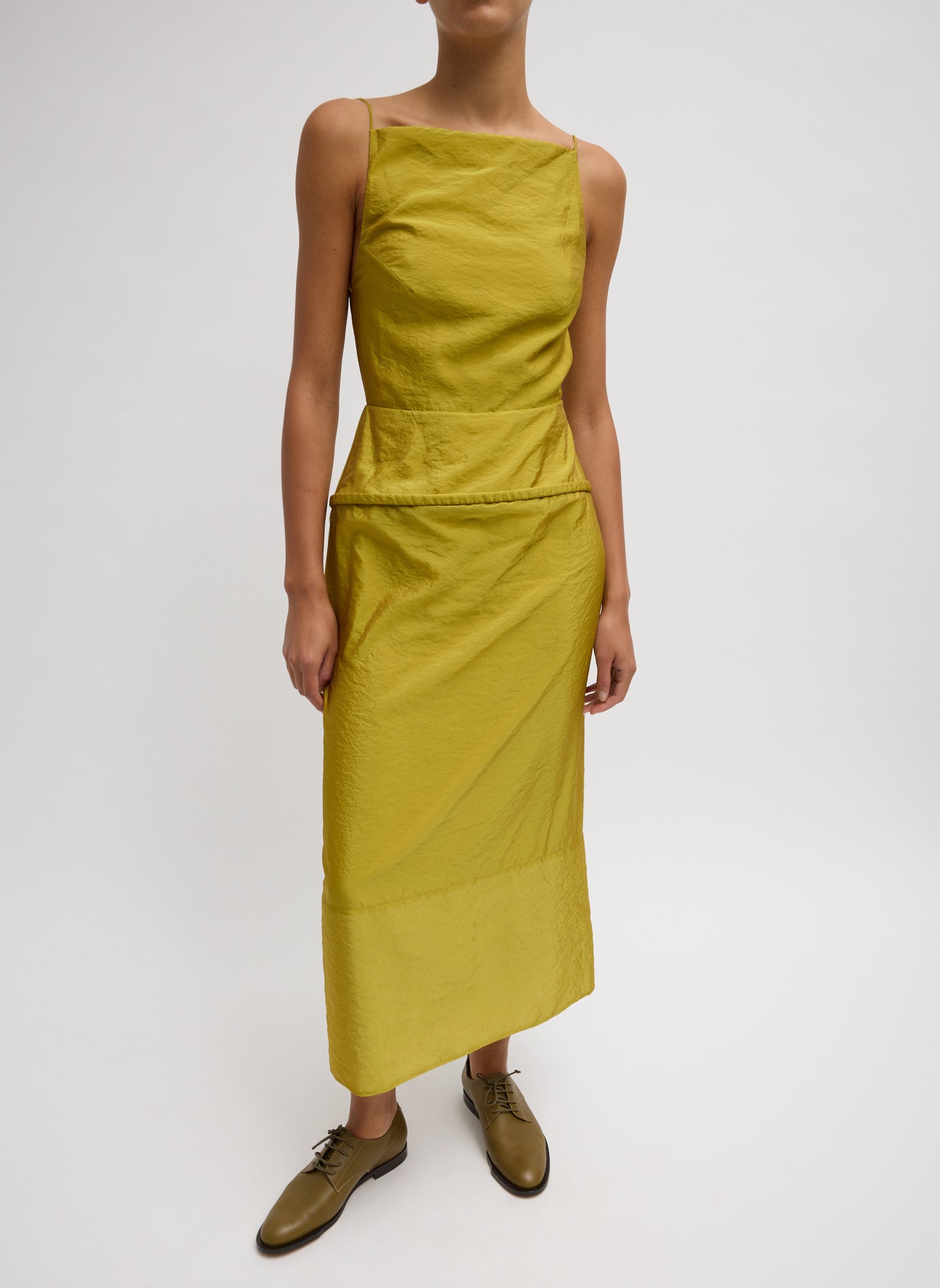 Chassis Hoop Strappy Dress - Dijon Chassis Hoop Strappy Dress - mustard yellow straight neck dress, front view on model
