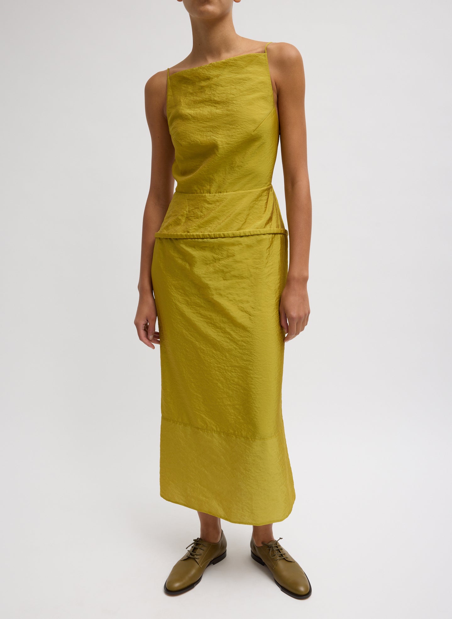 Dijon Chassis Hoop Strappy Dress - mustard yellow straight neck dress, front view on model