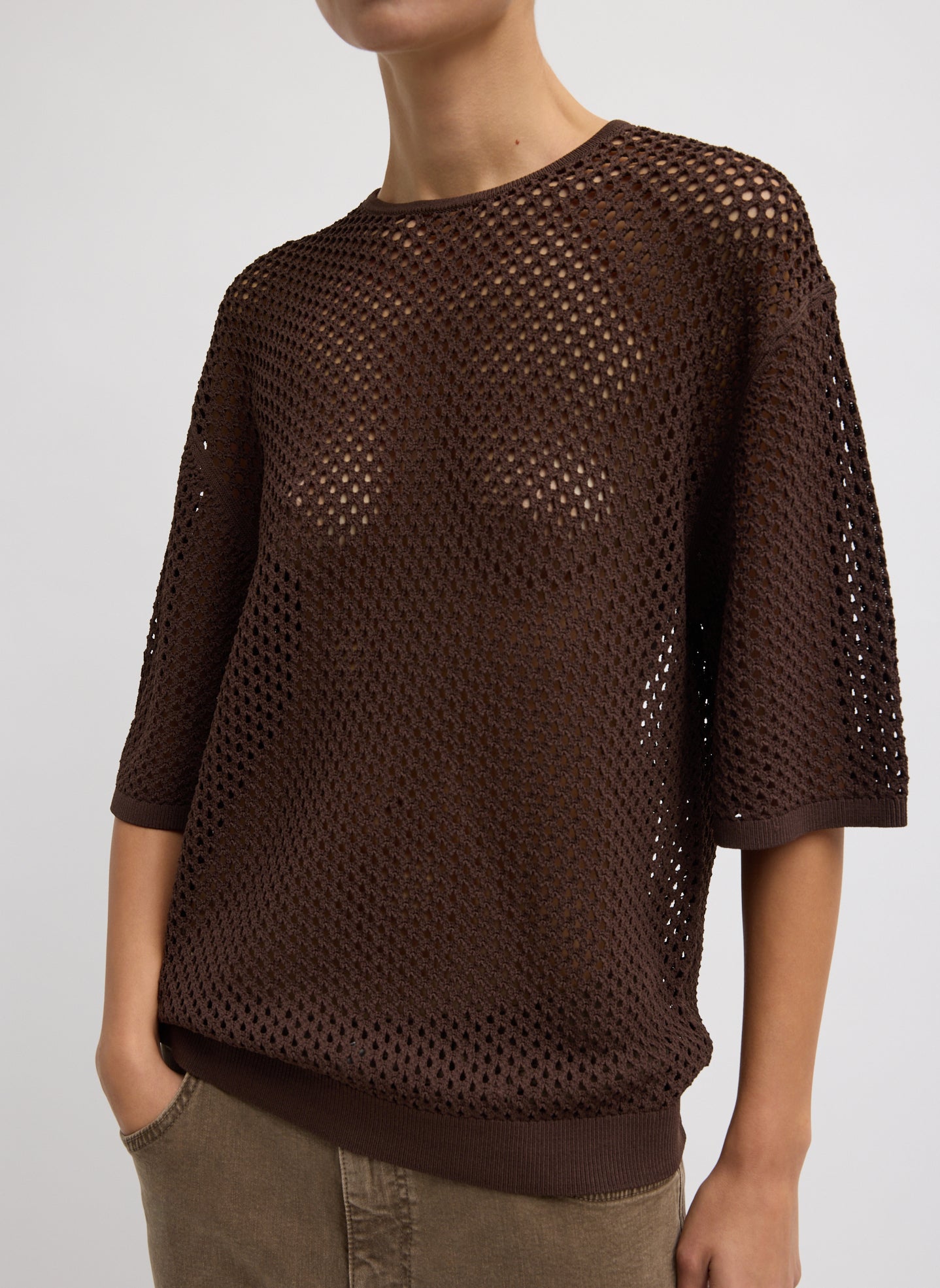 Crochet Netting Oversized Easy T-Shirt - Hickory Brown Crochet Netting Oversized Easy T-Shirt - front view on model