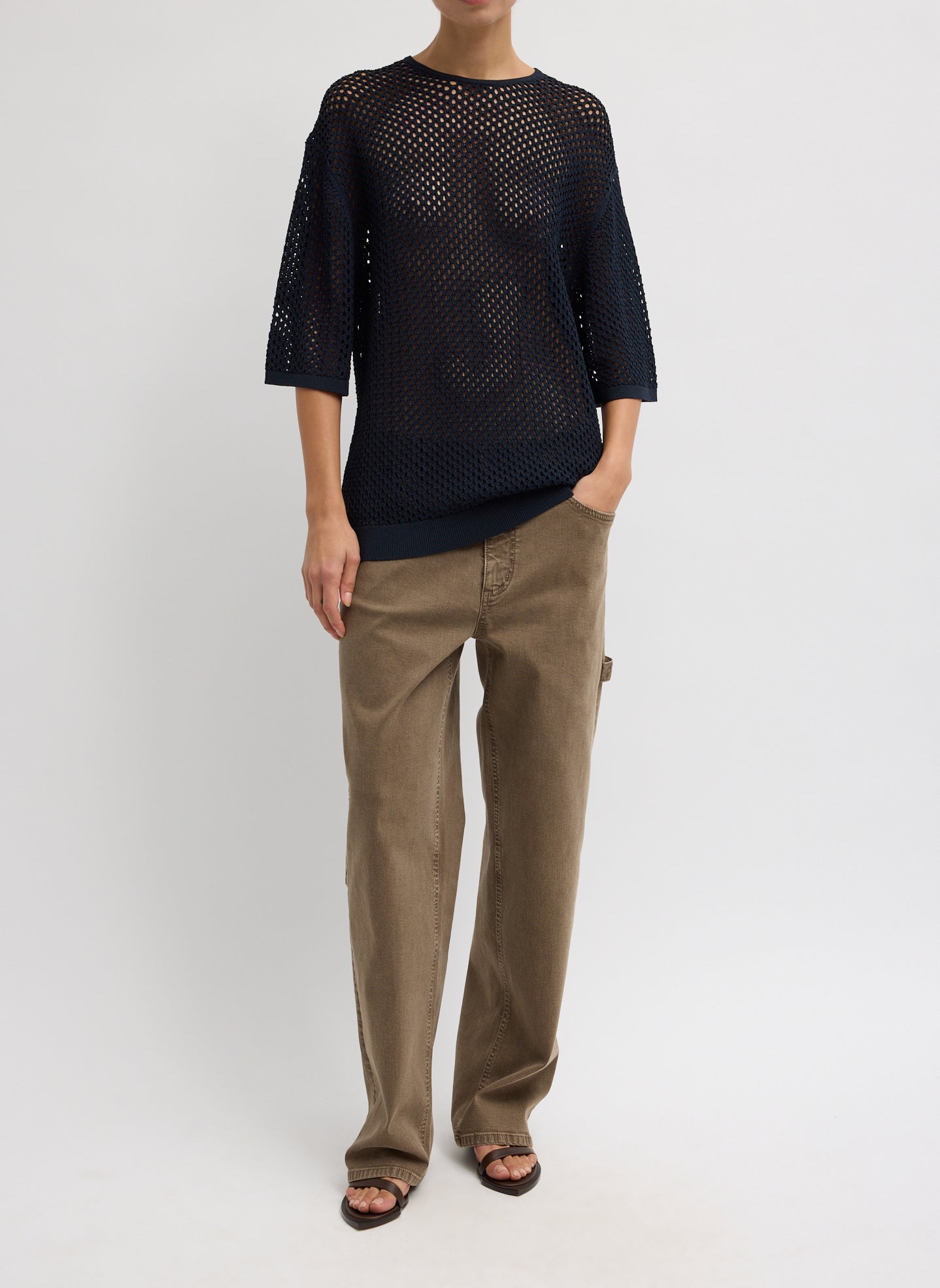 Navy Crochet Netting Oversized Easy T-Shirt - full look, front view on model