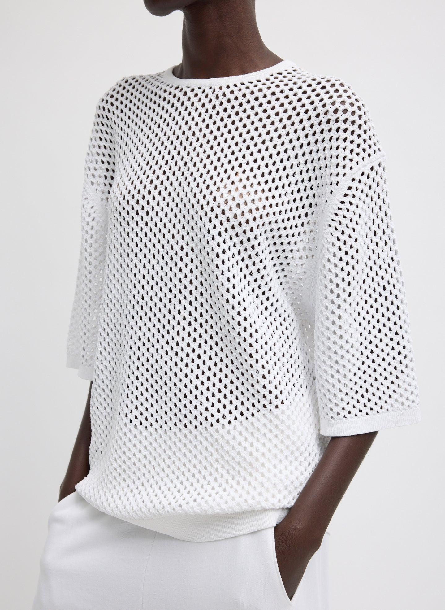 Crochet Netting Oversized Easy T-Shirt - White Crochet Netting Oversized Easy T-Shirt - front view on model