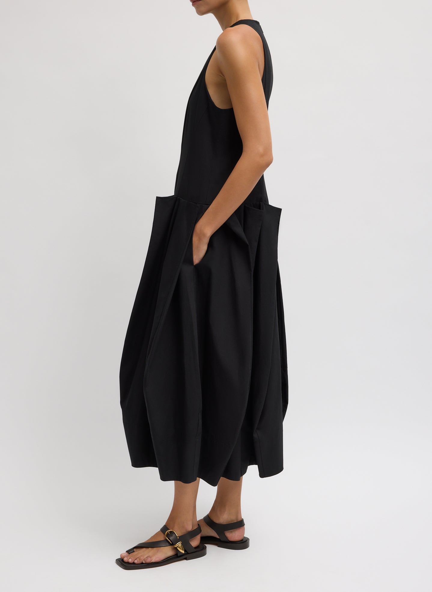 Black Compact Eco Poplin Pinched Pleat Dress - midi dress, side view on model