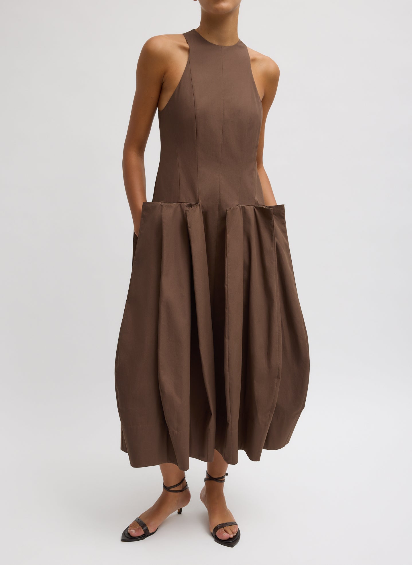 Compact Eco Poplin Pinched Pleat Dress - Sepia Brown Compact Eco Poplin Pinched Pleat Dress - midi dress, front view on model