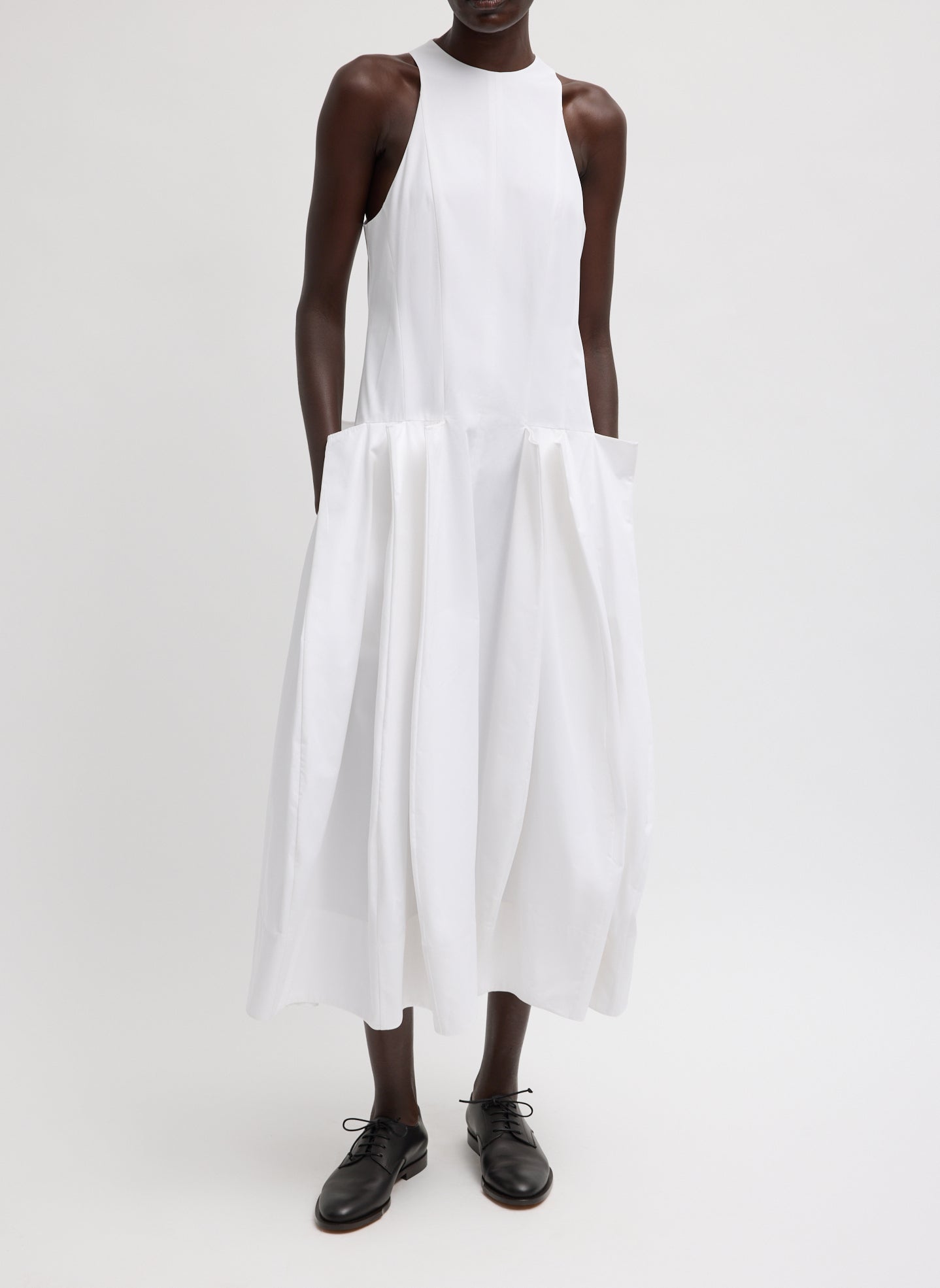 Compact Eco Poplin Pinched Pleat Dress - White Compact Eco Poplin Pinched Pleat Dress - midi dress, front view on model