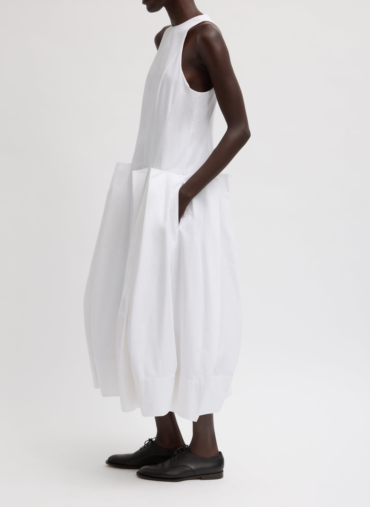 White Compact Eco Poplin Pinched Pleat Dress - midi dress, side view on model
