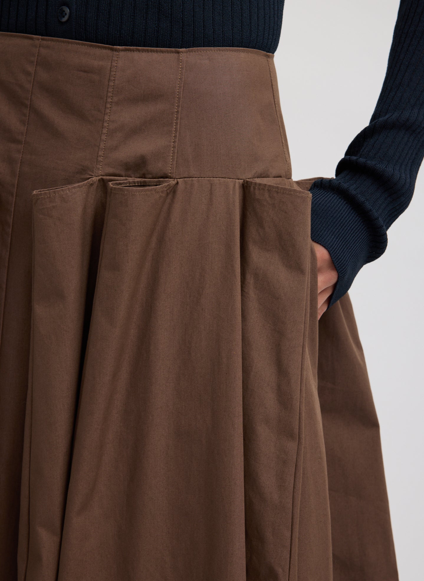 Sepia Brown Compact Eco Poplin Pinched Pleat Full Skirt - closeup of pinch pleat details