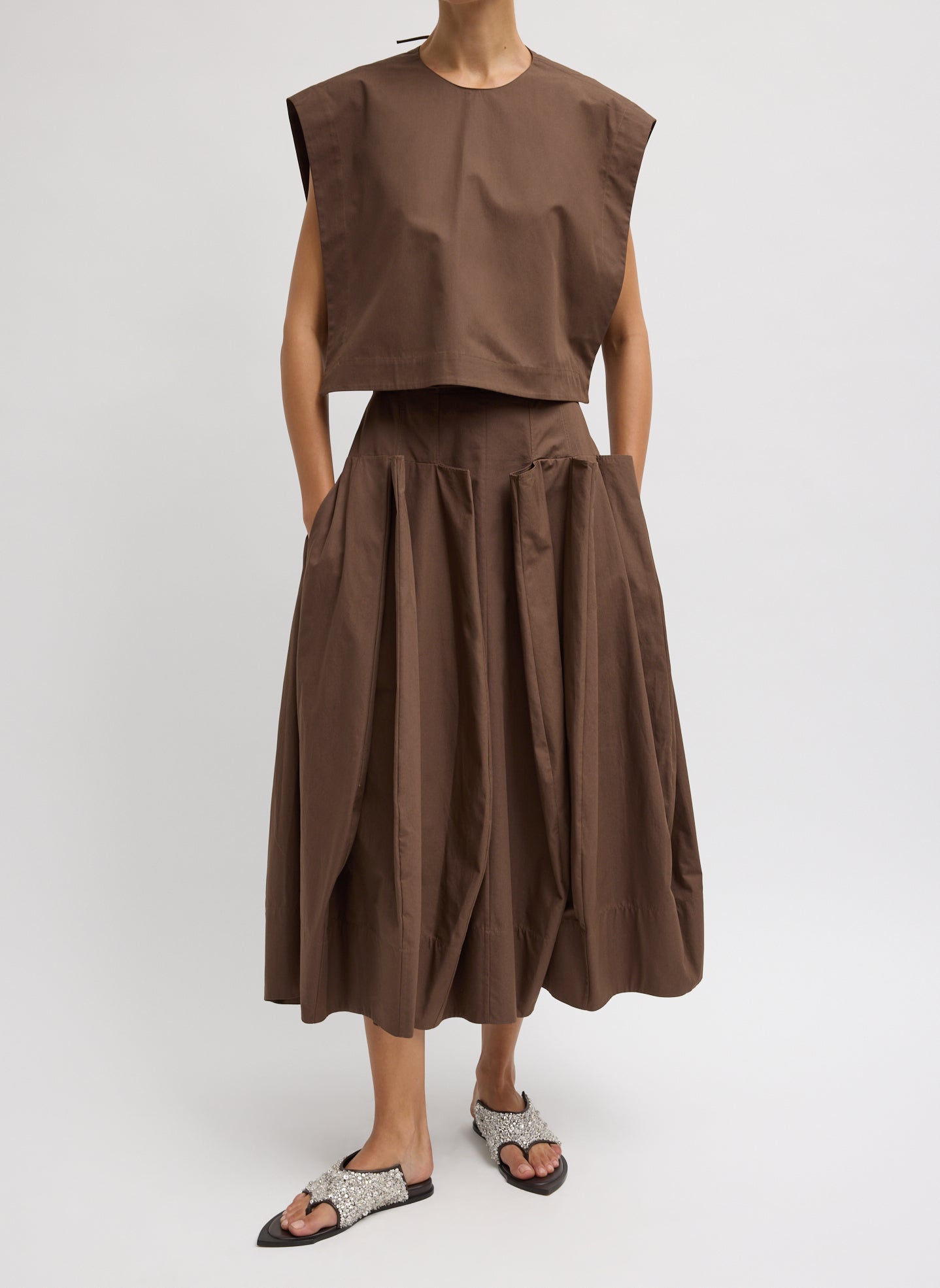 Sepia Brown Compact Eco Poplin Pinched Pleat Full Skirt - full look front view on model