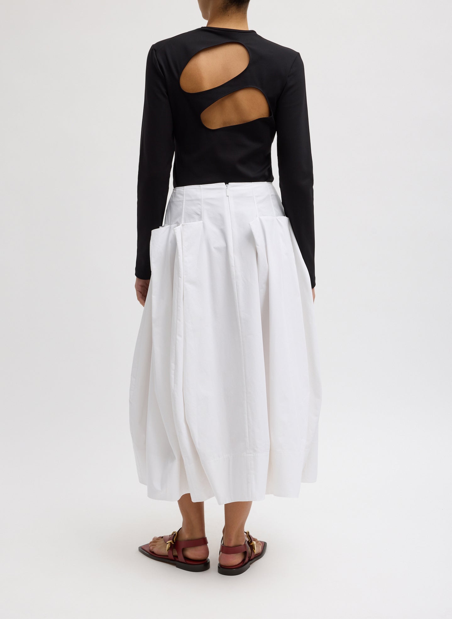 White Compact Eco Poplin Pinched Pleat Full Skirt - back view on model