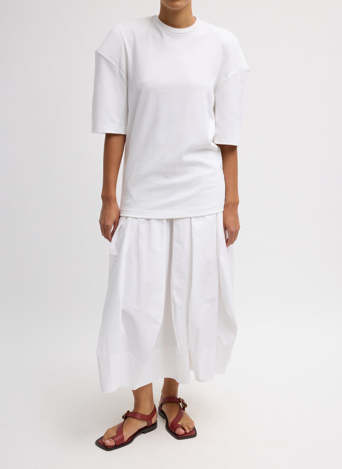 White Compact Eco Poplin Pinched Pleat Full Skirt - full look, front view on model