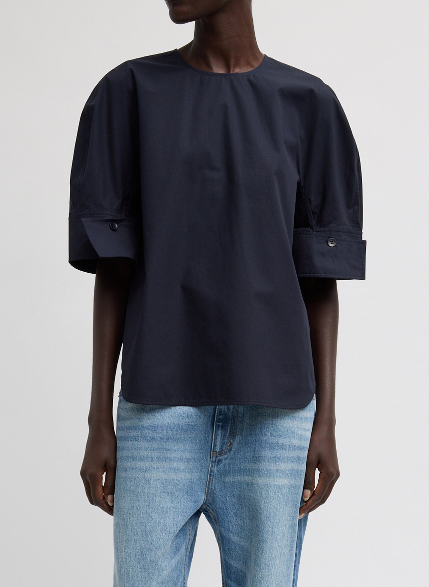 Compact Eco Poplin Reverse Sleeve Top - Navy Compact Eco Poplin Reverse Sleeve Top - puff sleeve top, front view on model