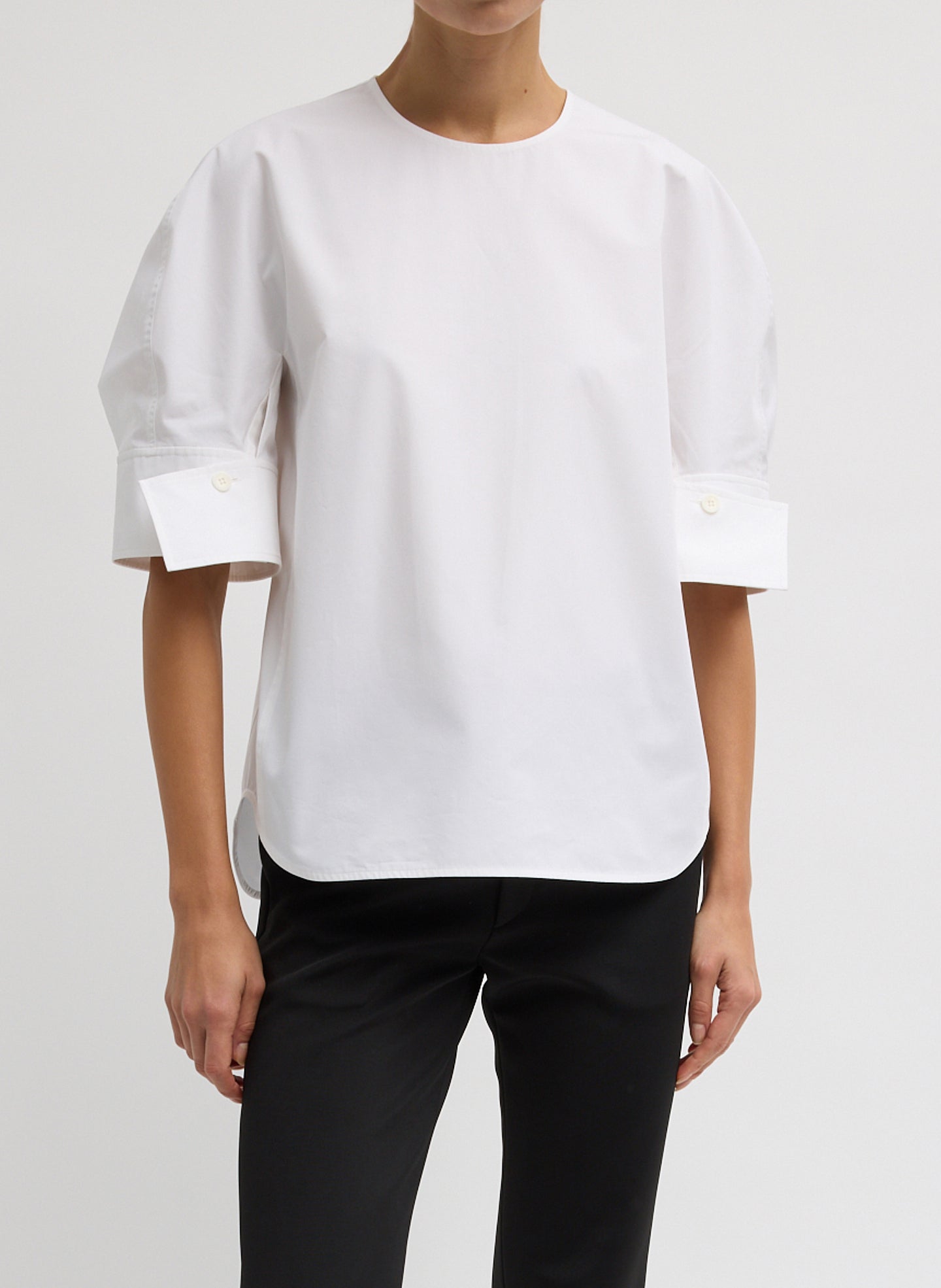 Compact Eco Poplin Reverse Sleeve Top - White Compact Eco Poplin Reverse Sleeve Top - puff sleeve top, front view on model
