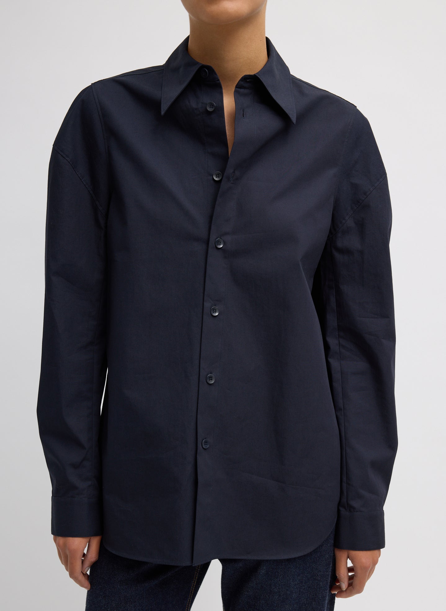 Compact Eco Poplin Hinged Shirt - Navy Compact Eco Poplin Hinged Shirt - long sleeve button down, front view on model