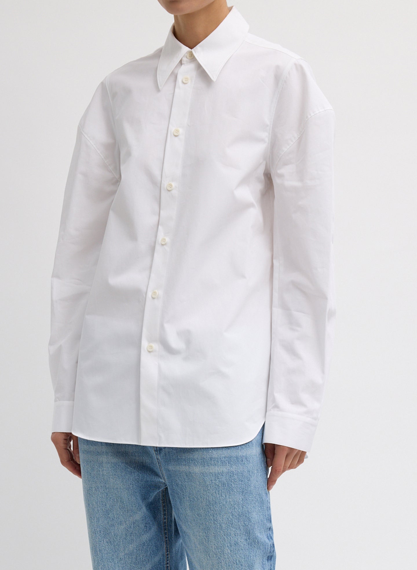 Compact Eco Poplin Hinged Shirt - White Compact Eco Poplin Hinged Shirt - long sleeve button down, front view on model