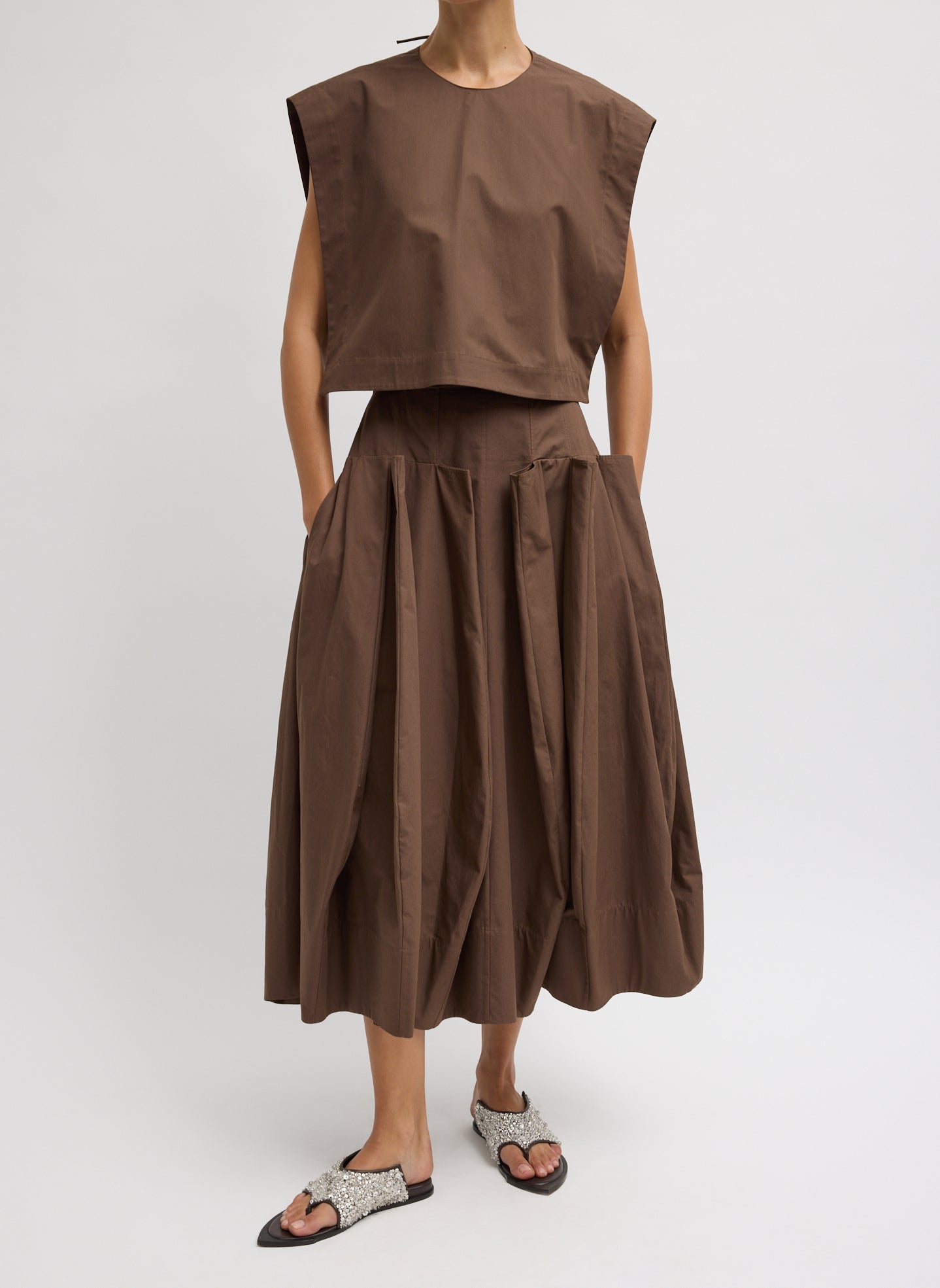 Sepia Brown Compact Eco Poplin Cropped Square Top - full look, front view on model