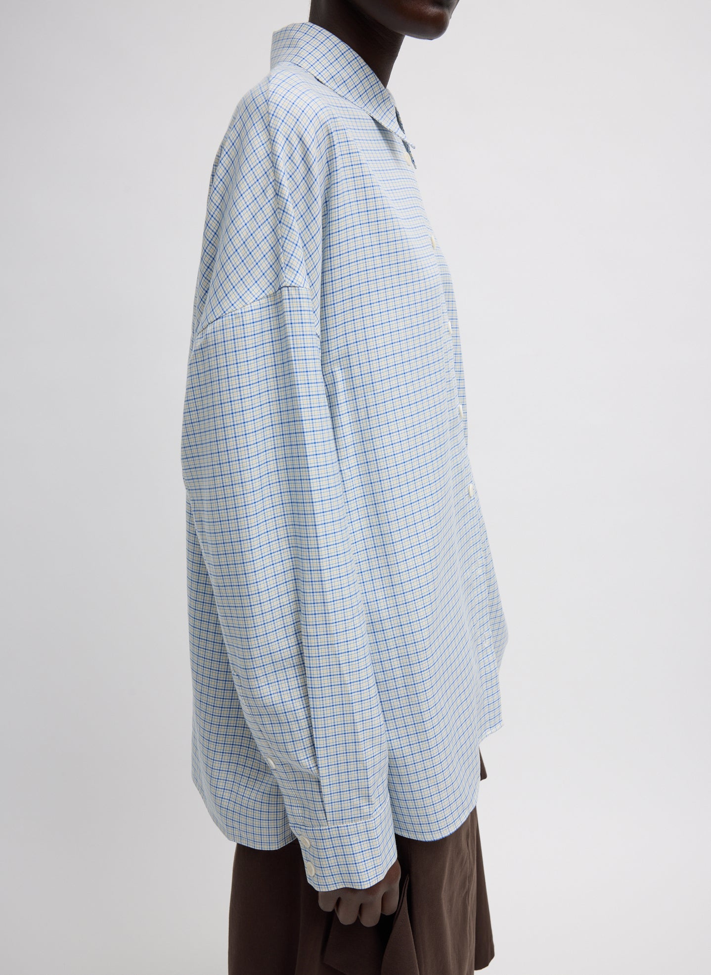 Blue Linus Check Oversized Shirt - long sleeve button down, side view on model