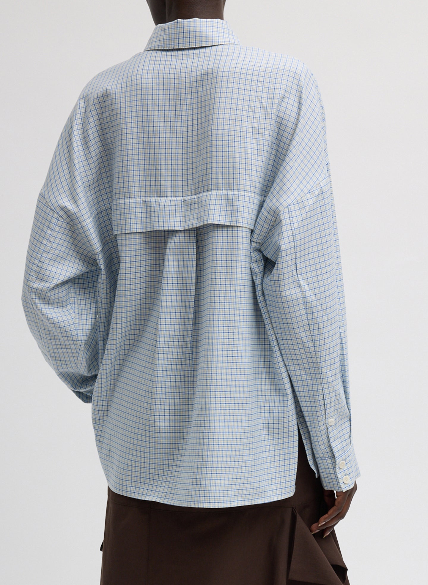 Blue Linus Check Oversized Shirt - long sleeve button down, back view on model
