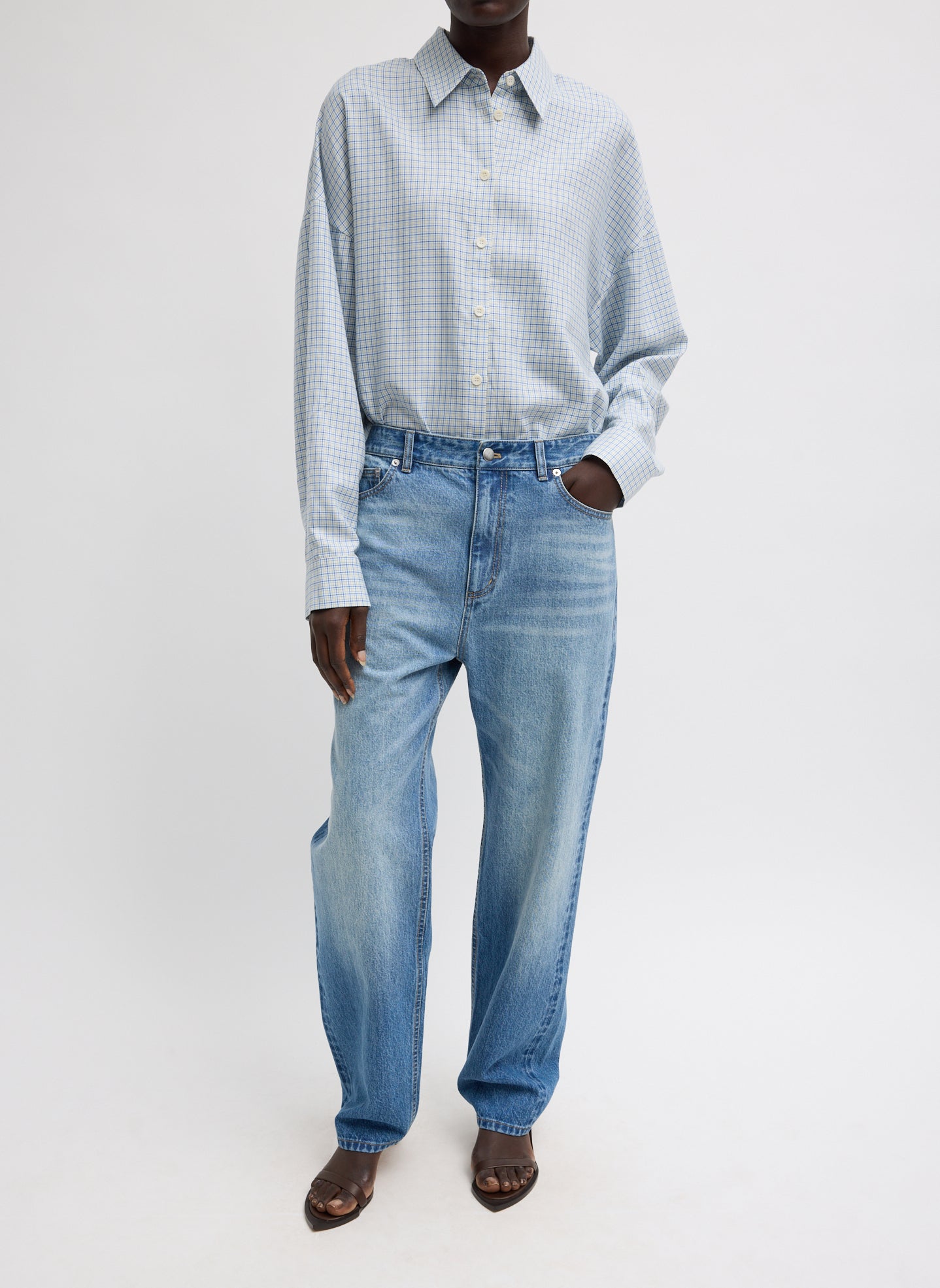 Blue Linus Check Oversized Shirt - full look, front view on model