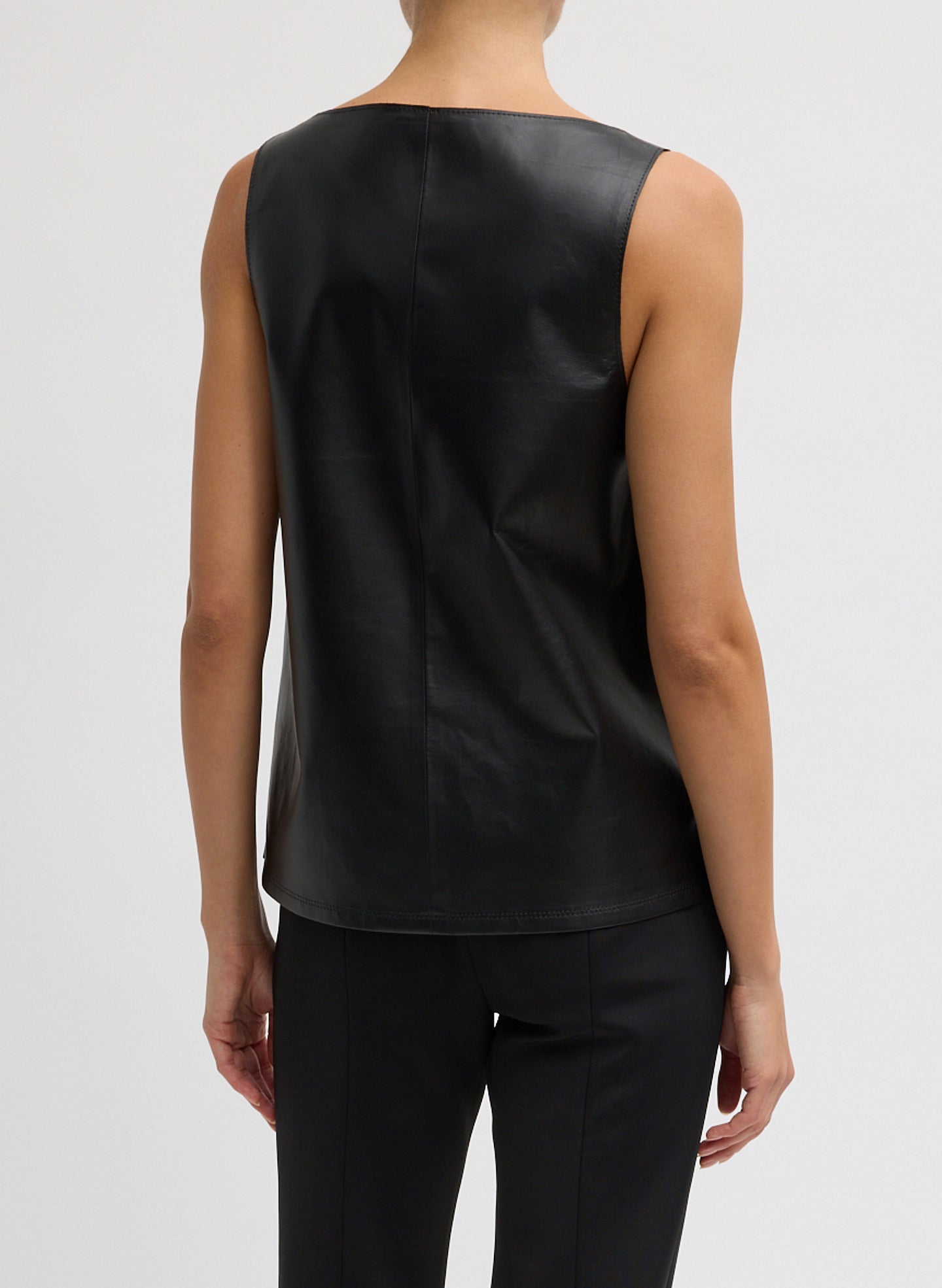Black Lightweight Leather Tank Top - back view on model
